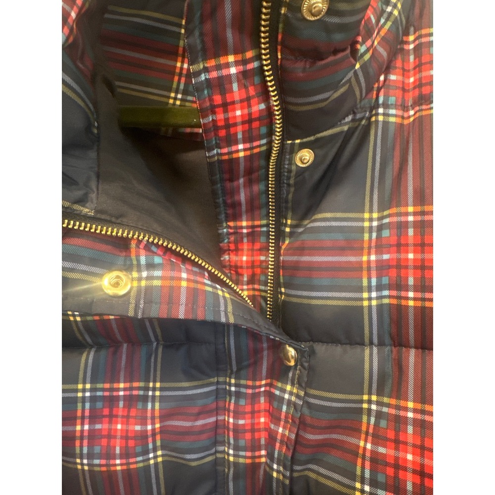 J.Crew Womens Plaid Puffer Jacket Navy Red boho Tartan Quilted Coat Large preppy - Picture 8 of 10